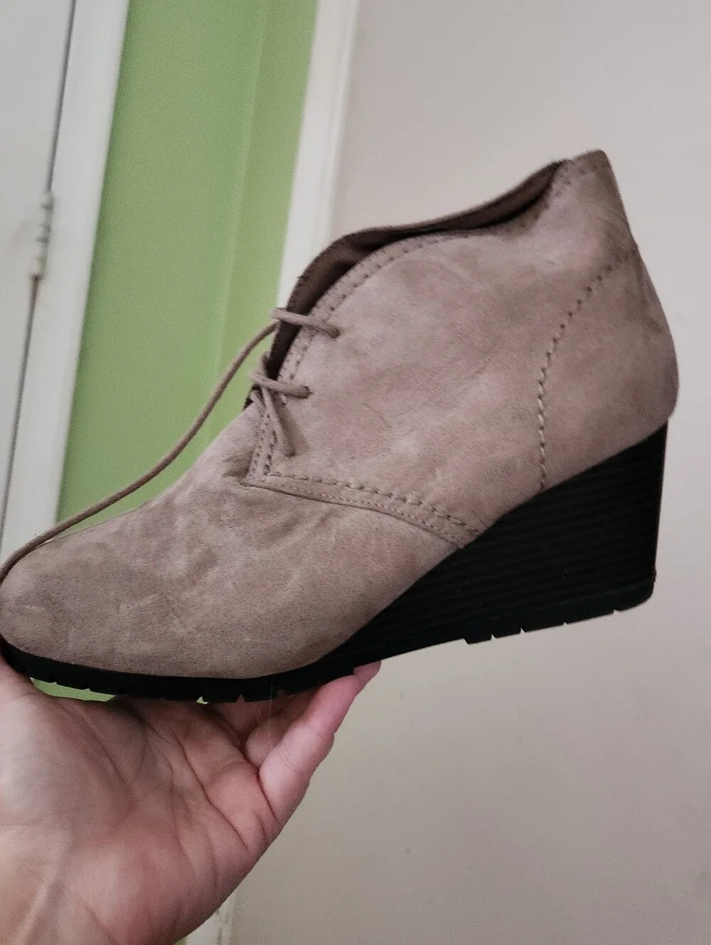 Wedge Lace-Up Ankle Boot in Taupe